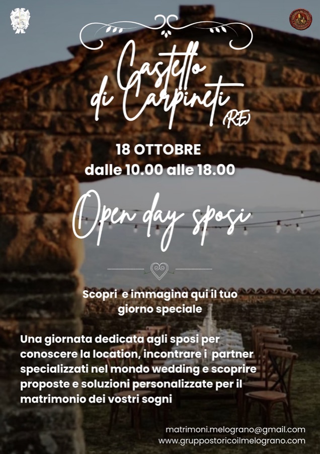 Locandina dell'Open day sposi al Castello di Carpineti: domenica 18 ottobre, dalle 10 alle 18
